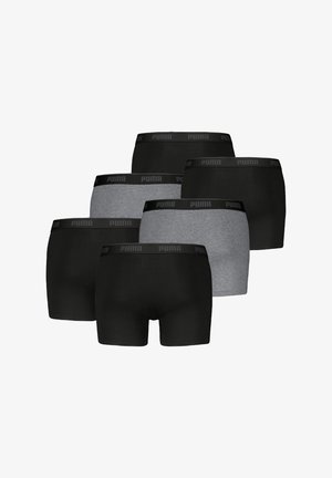 Sechs Paare Herren-Boxershorts in Schwarz und Grau mit einem gummierten, markierten Bund. Hergestellt aus einem weichen, dehnbarem Stoff.
