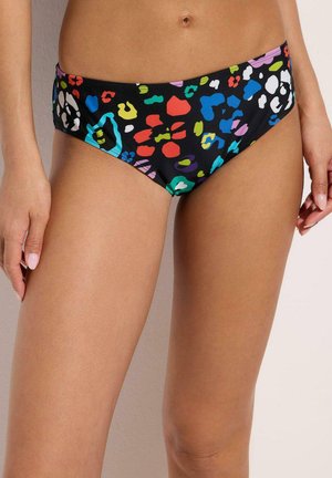 Bikini fondo nero con un motivo astratto multicolore. Realizzato in tessuto morbido, presenta un taglio a vita bassa e una cintura elastica.