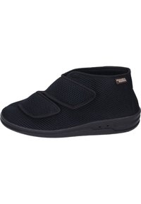 Black mesh slipper with a low-cut design, featuring three adjustable hook-and-loop straps and a flexible rubber sole.