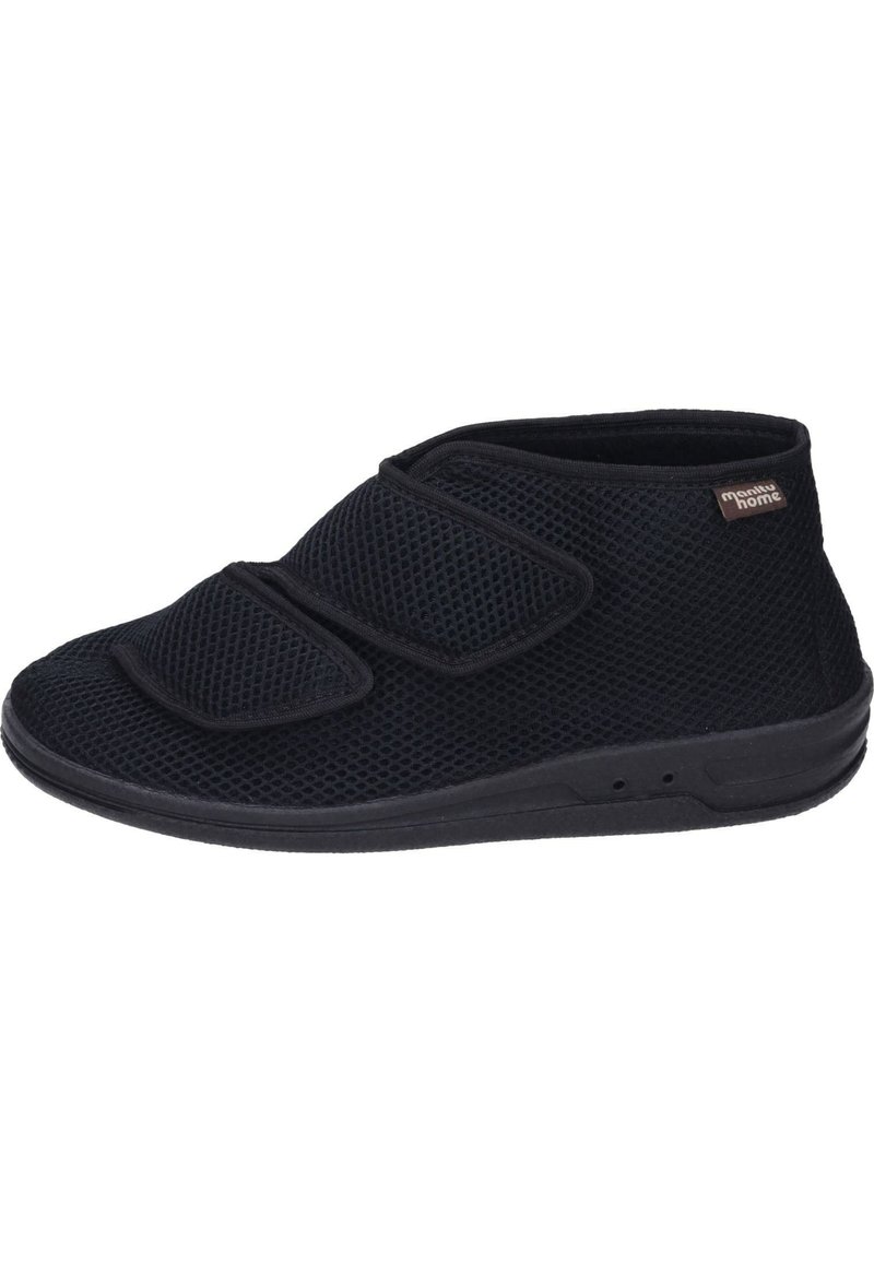 Black mesh slipper with a low-cut design, featuring three adjustable hook-and-loop straps and a flexible rubber sole.