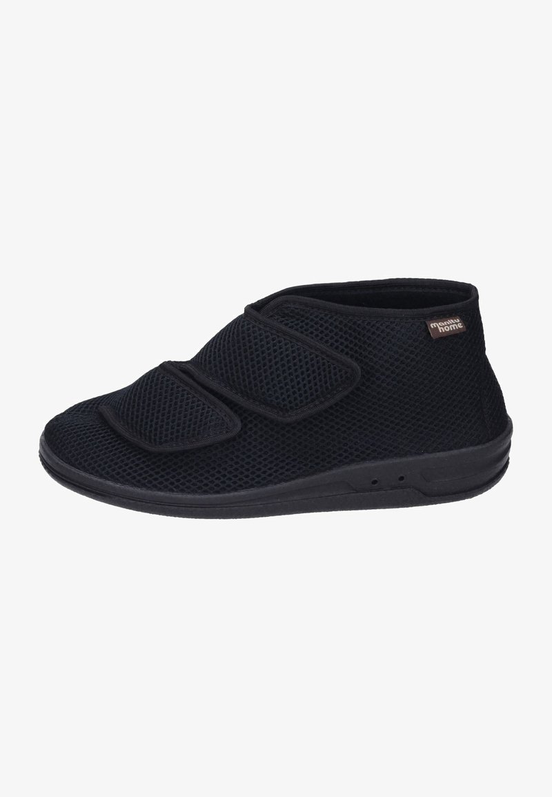 Black mesh slipper with a low-cut design, featuring three adjustable hook-and-loop straps and a flexible rubber sole.