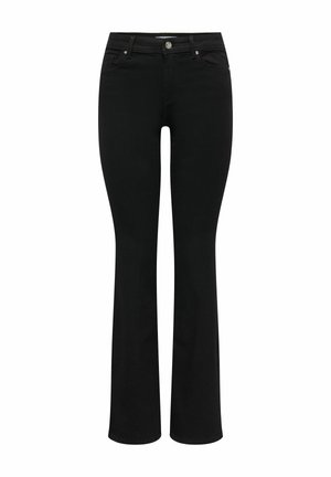 Melni denim flared džinsi ar pieguļošu vidukli, rāvējslēdzi un metāla pogu detaļu. Gluda tekstūra un četri kabatas, piemēroti ikdienas valkāšanai.