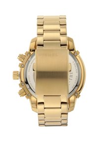 Montre en acier inoxydable doré avec un grand boîtier rond, un bracelet métallique et des boutons de chronographe. Fini lisse et poli avec un dos minimaliste.