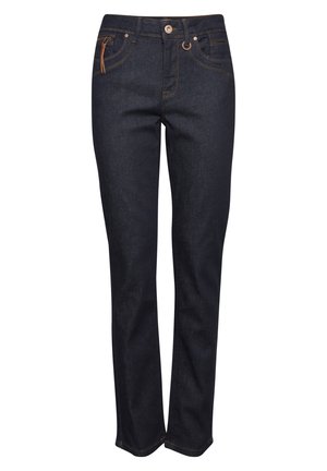 Mörkblå denimjeans med rak bendesign, med orange sömmar, fem fickor och en knappstängning fram.