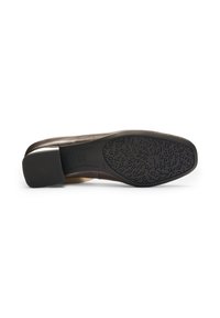 Black leather shoe with a smooth upper, beige accent, and textured rubber sole, featuring a low heel and curved, sleek design.