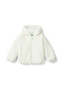Chaqueta de piel sintética blanca con cremallera frontal y capucha; cuenta con un forro de estampado de lunares. Textura suave y puños y dobladillo elásticos.