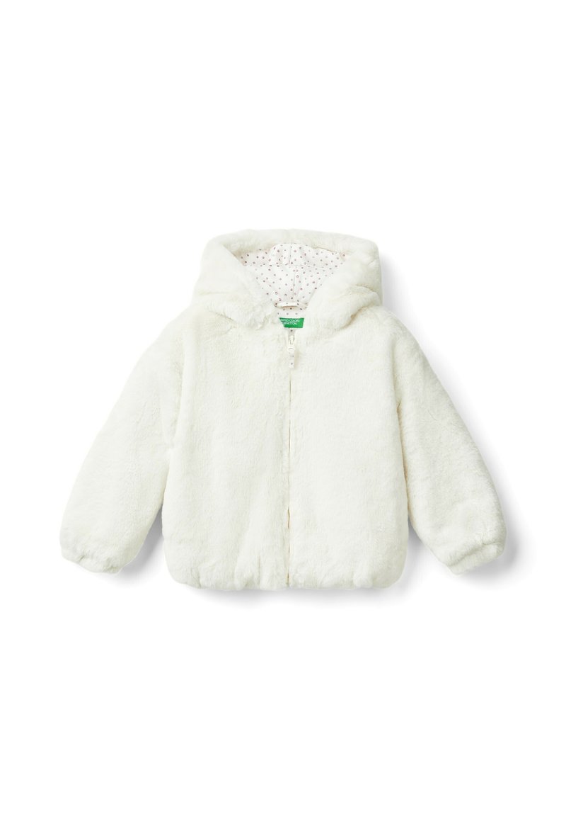 Chaqueta de piel sintética blanca con cremallera frontal y capucha; cuenta con un forro de estampado de lunares. Textura suave y puños y dobladillo elásticos.