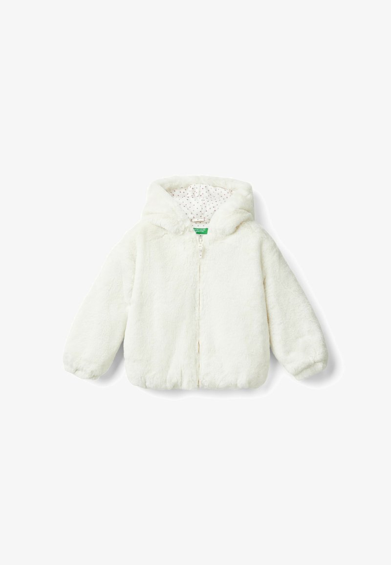 Chaqueta de piel sintética blanca con cremallera frontal y capucha; cuenta con un forro de estampado de lunares. Textura suave y puños y dobladillo elásticos.