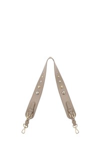 Leren tasriem in lichtbeige met gouden en zilveren metalen studs, voorzien van twee clipbevestigingen en verstelbare lengte. Glad textuur.