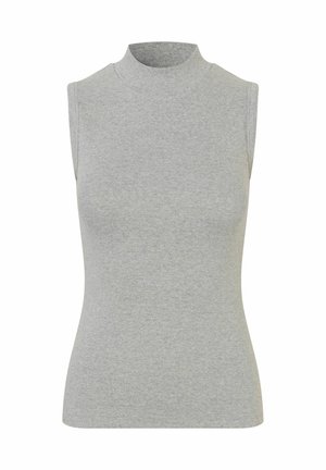 Hnedá bezrukávová roláková blúzka vyrobená z rebrovanej látky, s vysokým golierom a priliehavým strihom. Jednoduchá a hladká textúra.