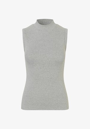 Halline hall vööta turtleneck topp, mis on valmistatud ribakudumist, esitleb kõrget kaelust ja kehaümbermugavat lõiget. Lihtne ja sile tekstuur.