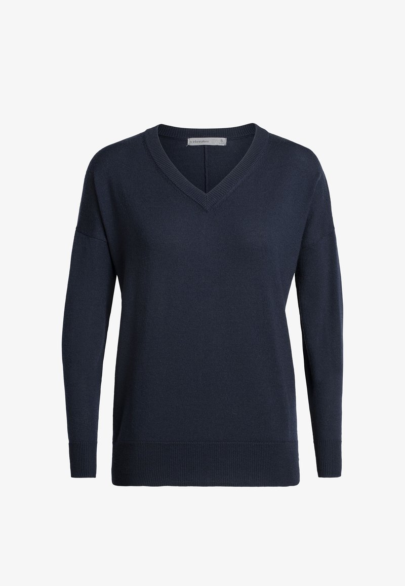 Pull bleu marine foncé à manches longues avec col en V, poignets et ourlet côtelés, présenté sur fond blanc.