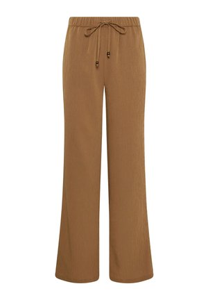Pantaloni marroni a gamba larga con tessuto strutturato, vita elastica e coulisse con dettagli di perline di legno.