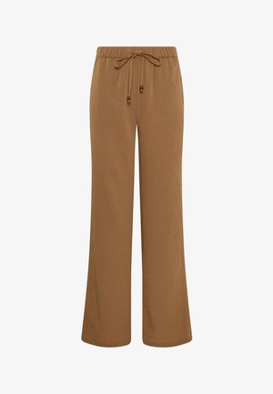 Pantaloni marroni a gamba larga con tessuto strutturato, vita elastica e coulisse con dettagli di perline di legno.