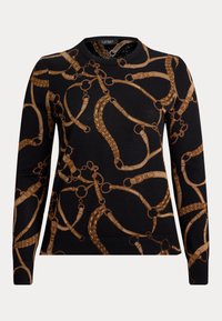 Maglione nero con un motivo a catena d'oro intrecciata, scollo rotondo e maniche lunghe. Il tessuto appare morbido con una texture liscia.