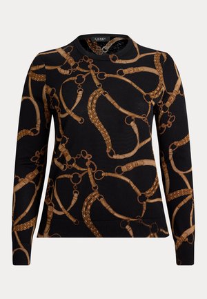 Svart genser med et vevet gullkjede mønster, rund halslinje og lange ermer. Stoffet ser mykt ut med en glatt tekstur.