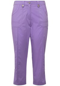 Pantalons cropped violets en tissu léger, dotés de poches, de détails de couture et d'accents en métal.