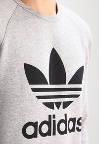 Gray sweatshirt with a black Adidas logo featuring three leaves and horizontal stripes; soft texture, ribbed neckline, and raglan sleeves.