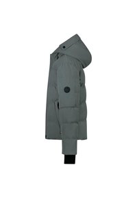 Chaqueta gris acolchada con capucha, que presenta un parche de logo negro en la manga izquierda y acentos de puños acanalados. Tejido suave y duradero.