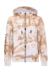 Cotton hooded sweatshirt featuring a beige and white tie-dye pattern, adjustable drawstring, and branded zipper. Ribbed cuffs and hem.