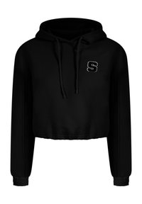 Schwarzer, cropped Hoodie mit Kordelzügen, der auf der linken Brust ein kleines, weißes "S" eingestickt hat und geribbelte Bündchen aufweist. Weicher Stoff.