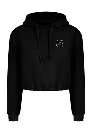 Schwarzer, cropped Hoodie mit Kordelzügen, der auf der linken Brust ein kleines, weißes "S" eingestickt hat und geribbelte Bündchen aufweist. Weicher Stoff.