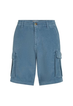Cotton cargo shorts in light blue, featuring two side pockets with flaps, a button closure, and a textured fabric finish.