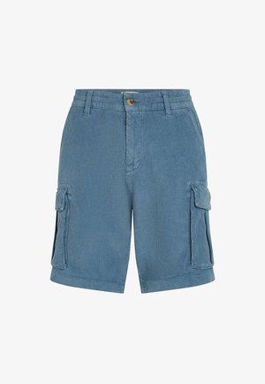 Bomulds cargo shorts i lyseblå, med to sidelommer med klapper, en knaplukning og en struktureret stofoverflade.