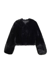 Sort faux fur cropped jakke med lange ærmer, blød tekstur, rund hals og åben frontdesign. Ingen synlige lukninger eller mønstre.