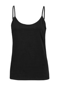Black cotton camisole top with thin adjustable straps, rounded neckline, and a straight hem. Smooth texture and fitted silhouette.