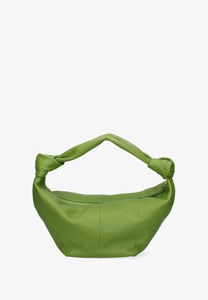 Groene leren handtas met een geknoopt handvat, ronde vorm, gestructureerd oppervlak, ritsluiting en genaaide paneelaccenten.