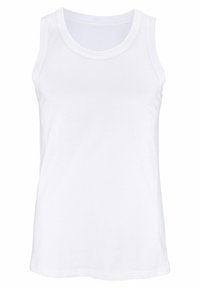 White cotton tank top with a round neckline, sleeveless design, and a smooth texture. Simple and plain with no patterns or accents.