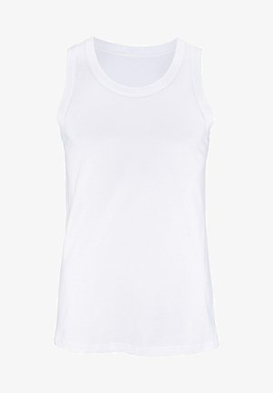 Weißes Baumwoll-Ärmelloses Top mit rundem Ausschnitt, ohne Ärmel und mit glatter Textur. Einfach und schlicht, ohne Muster oder Verzierungen.