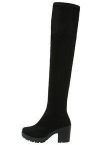 Botas sintéticas negras hasta la rodilla con una textura suave, suela de plataforma gruesa y un tacón ancho. Diseño minimalista sin herrajes visibles.