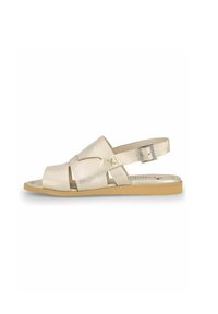 Beige metallische Sandale mit offenem Zehenbereich, breiten Riemen und einem Knöchelriemen. Verfügt über eine flache Sohle und eine einfache Schnalle zur Anpassung.
