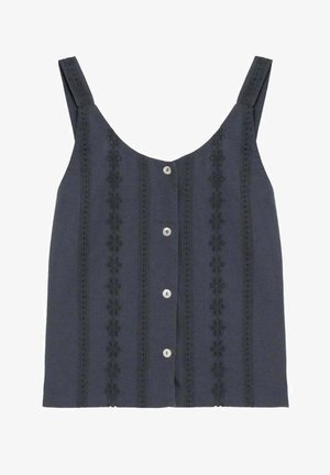 Haut camisole sans manches gris foncé avec des bandes verticales en dentelle florale et cinq boutons blancs au centre devant.