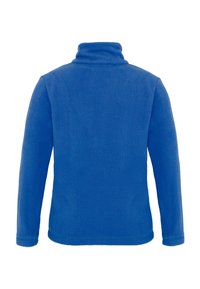 Blå fleecejacka med hög krage, långa ärmar och en mjuk textur. Bakifrån visar den en slät, odekorerad yta utan mönster.