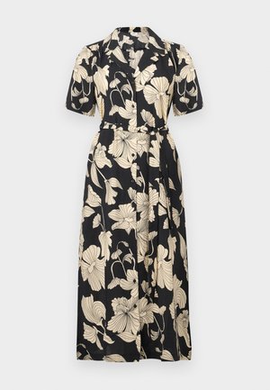 Black floral dress with short sleeves, collar, belted waist, and a button-down front. Features large beige floral patterns throughout.