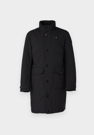 Black parka coat featuring a high collar, front button closure, two large front pockets, and a utility pocket on the sleeve. Smooth texture.