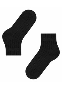 Calze nere alla caviglia realizzate in un materiale a maglia testurizzata, con un design a costine e una finitura liscia. Nessun motivo visibile o accessori.