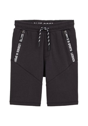 Shorts de sport noirs longueur genou avec taille à cordon de serrage et poches latérales zippées avec texte blanc "LEGENDS IN SPORTS".