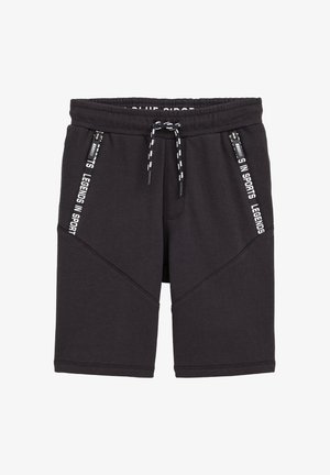 Sorte sportsshorts til knæet med snor i taljen og lynlåslommer i siden med hvid tekst "LEGENDS IN SPORTS".