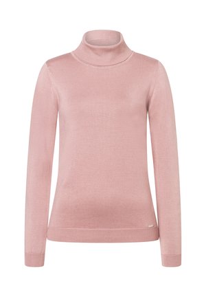 Heller rosa Rollkragenpullover aus weichem Material, mit langen Ärmeln, gerippten Bündchen und einer taillierten Passform, versehen mit einem dezenten Markenetikett.