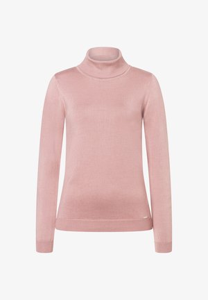 Pull à col roulé rose pâle en matière douce, avec des manches longues, des poignets côtelés et une coupe ajustée, agrémenté d'une étiquette de marque discrète.