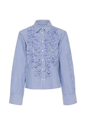 Blouse rayée bleue et blanche avec un design à volants sur le devant, des manches longues et une fermeture à boutons. Elle présente un col classique et des poignets rayés.