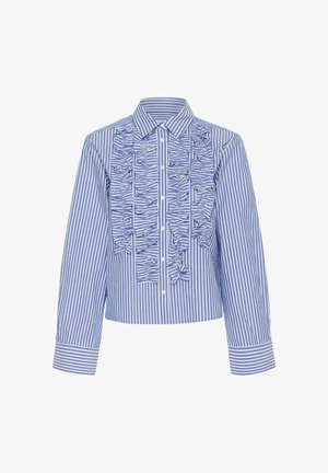 Bluza z modrimi in belimi črtami, z nabrano prednjo zasnovo, dolgimi rokavi in gumbom za zapiranje. Ponuja klasičen ovratnik in manšete z nabrano obrobo.