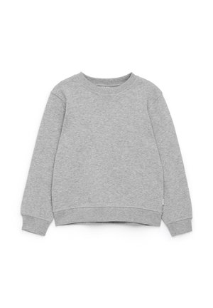 Sudadera gris claro de manga larga con cuello redondo, puños y bajo acanalados, colocada plana sobre fondo blanco.