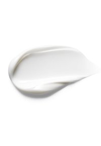 Witte crème of lotion met een gladde, glanzende textuur, uitgesmeerd in een dunne laag met zachte, gebogen randen op een witte achtergrond.