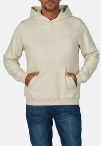 Beige hooded sweatshirt with a kangaroo pocket, long sleeves, and ribbed cuffs and hem. Features a subtle logo on the chest.