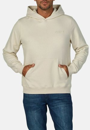 Beige Kapuzenpullover mit Kängurutasche, langen Ärmeln und gerippten Bündchen und Saum. Mit einem dezenten Logo auf der Brust.